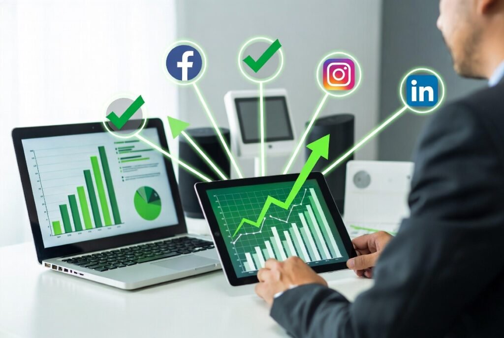 Multi-platform social media ad showcase including Facebook, Instagram, and LinkedIn for smart home service providers