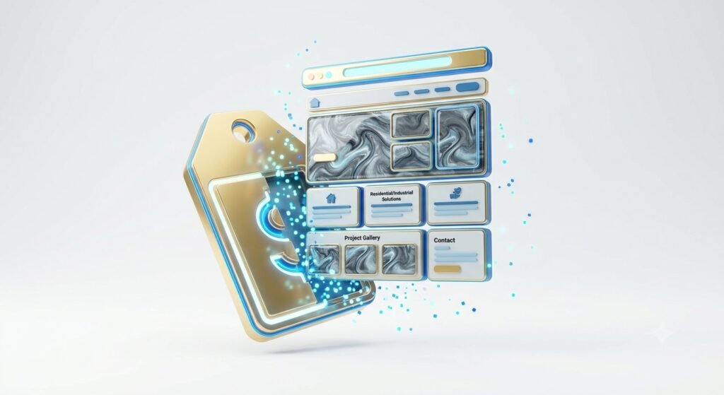 Glowing price-tag folder opening to reveal a miniature 3D website layout featuring glossy epoxy texture panels