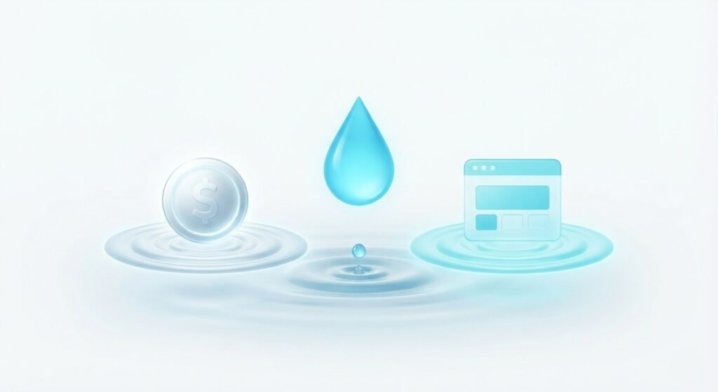 Glowing water droplet splitting on impact into a coin shape and a browser window layout icon