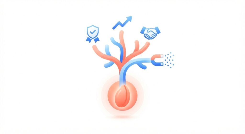 Growing seed sprouting into a tree with branches holding trust badges, lead magnets, and growth graph icons