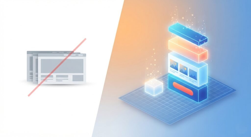 Conceptual blueprint grid illustration showing custom web design layout built from scratch versus generic templates