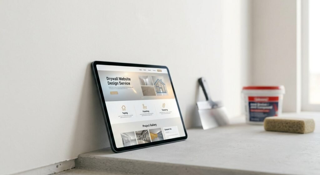 Digital tablet displaying a drywall company website mockup propped against a freshly finished drywall wall near taping tools