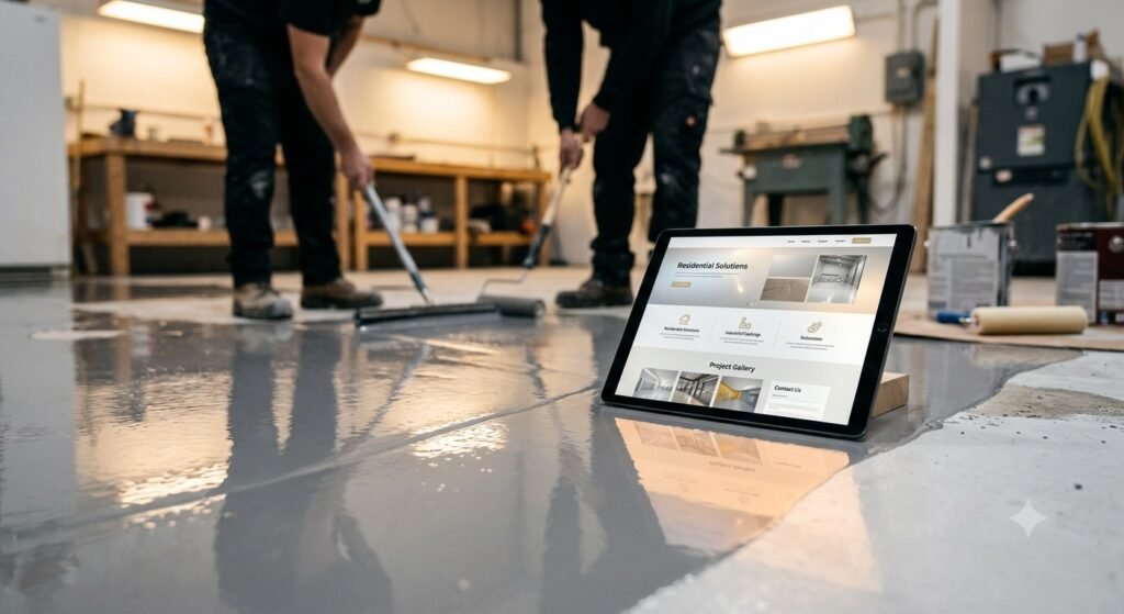 Digital tablet displaying an epoxy flooring website design mockup resting near a glossy, light-reflective poured resin floor