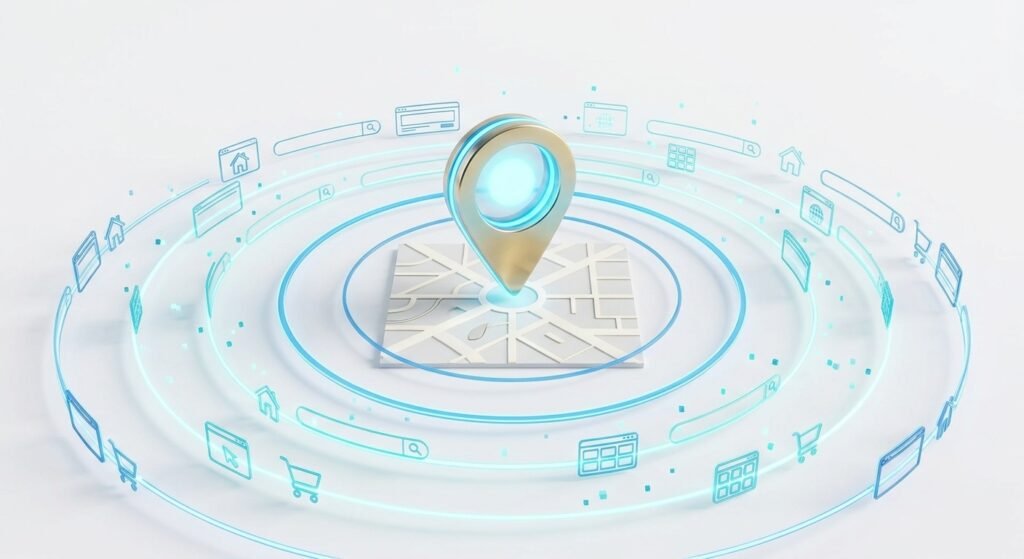 Glowing GPS location pin on map grid with expanding concentric signal rings transforming into floating website browser icons