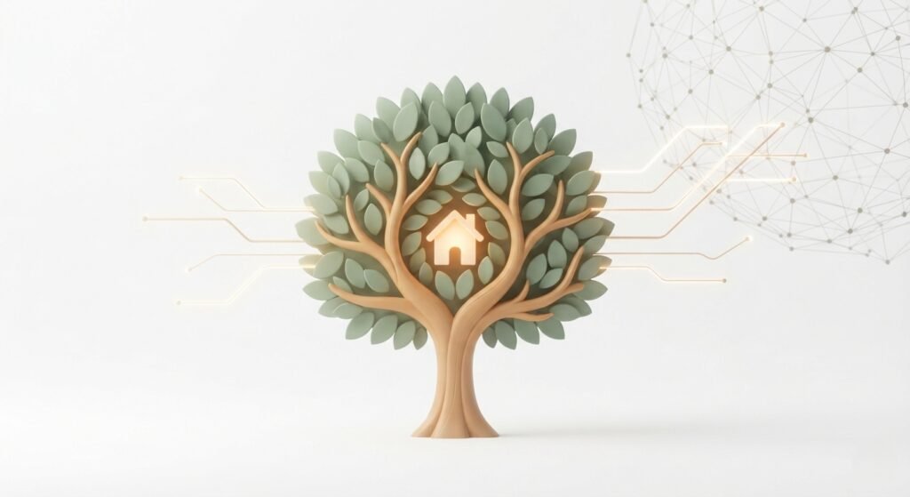 Glowing tiny house icon inside a tree canopy with branches extending into a digital network map
