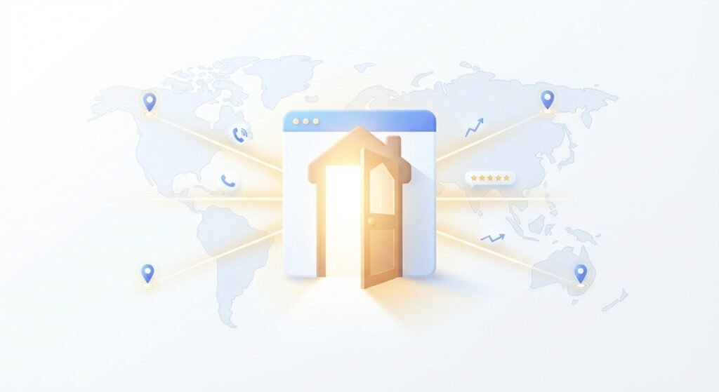 Glowing house storefront browser illustration with location pins symbolizing business growth and lead generation