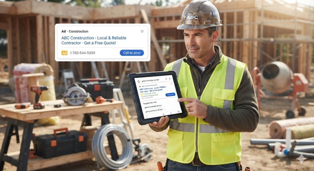 Construction site manager checking a tablet displaying a top Google search ad listing near tools