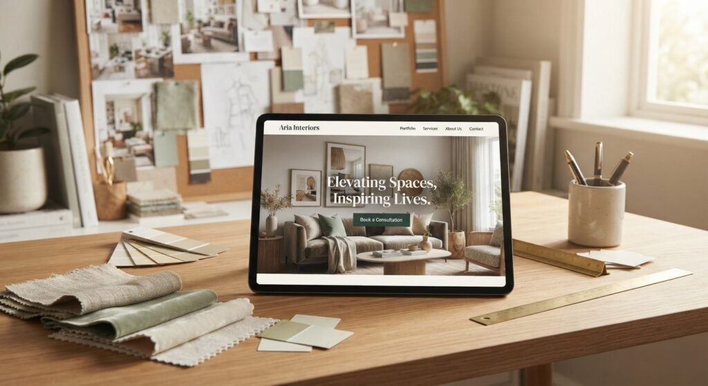 Digital tablet displaying an interior design website mockup on a studio desk with color swatches and mood board