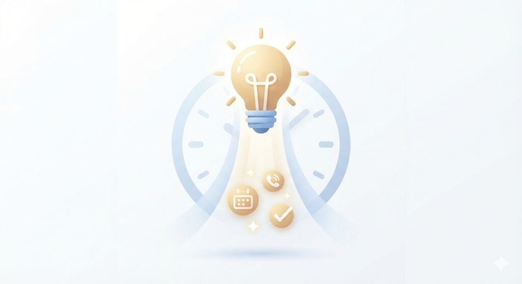 Lightbulb website icon and lead funnel illustration showing round-the-clock booking, calls, and qualified leads