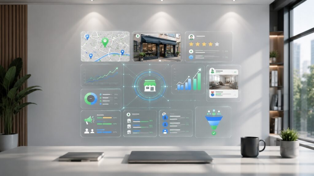 digital marketing strategy dashboard showing local seo map reviews growth charts and sales funnel for local business growth
