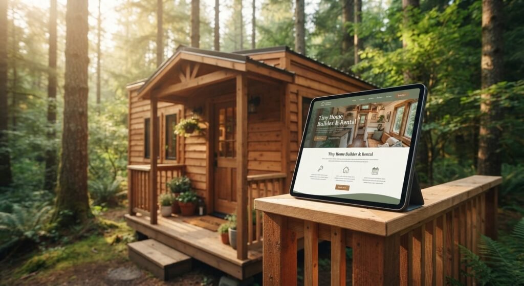 Digital tablet displaying a tiny home website mockup resting on a wooden porch railing in a forest setting