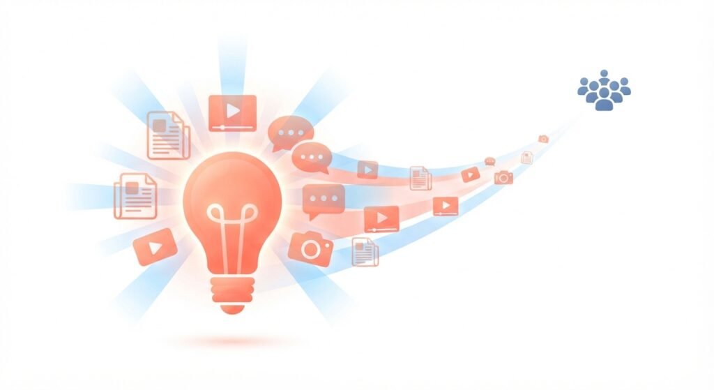 Abstract lightbulb icon made of overlapping media symbols radiating outward toward an audience icon